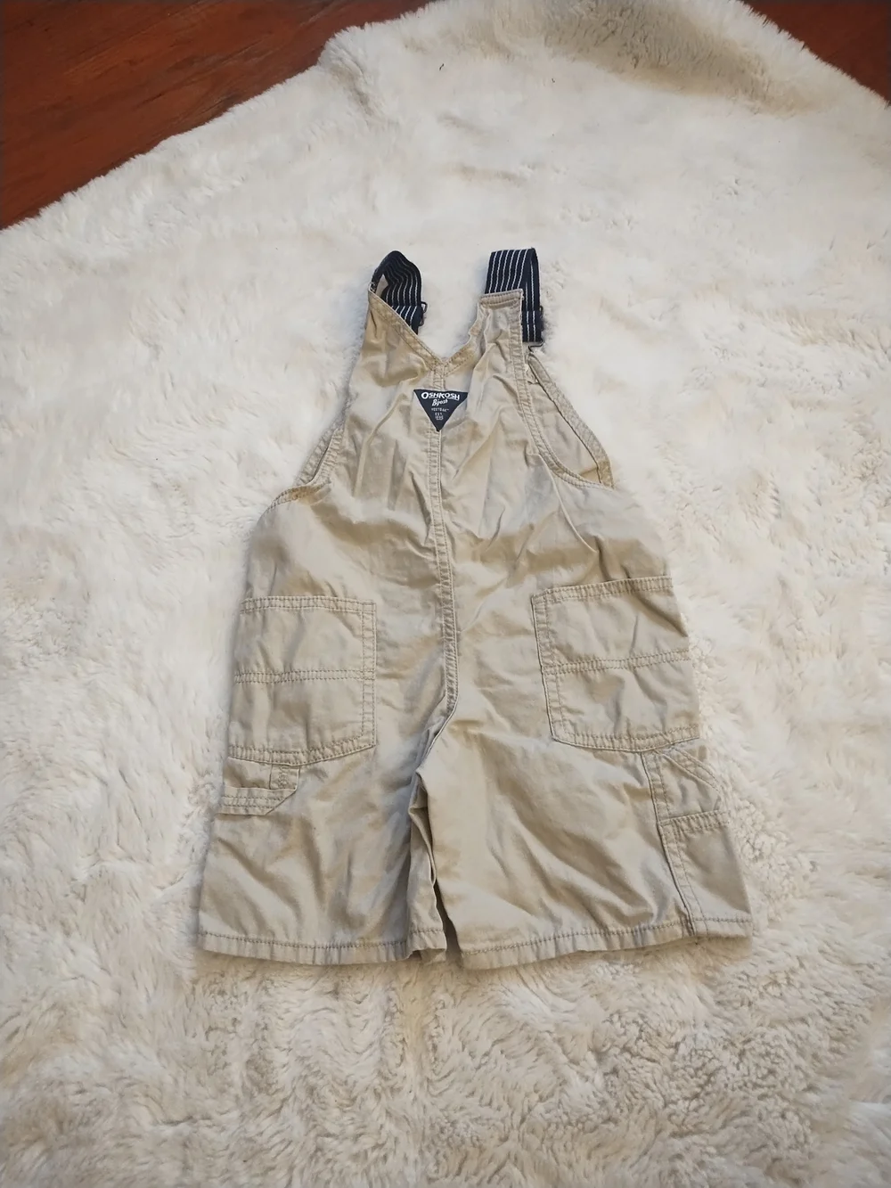 OshKosh B'gosh Tan Short Overalls with Navy Striped Straps